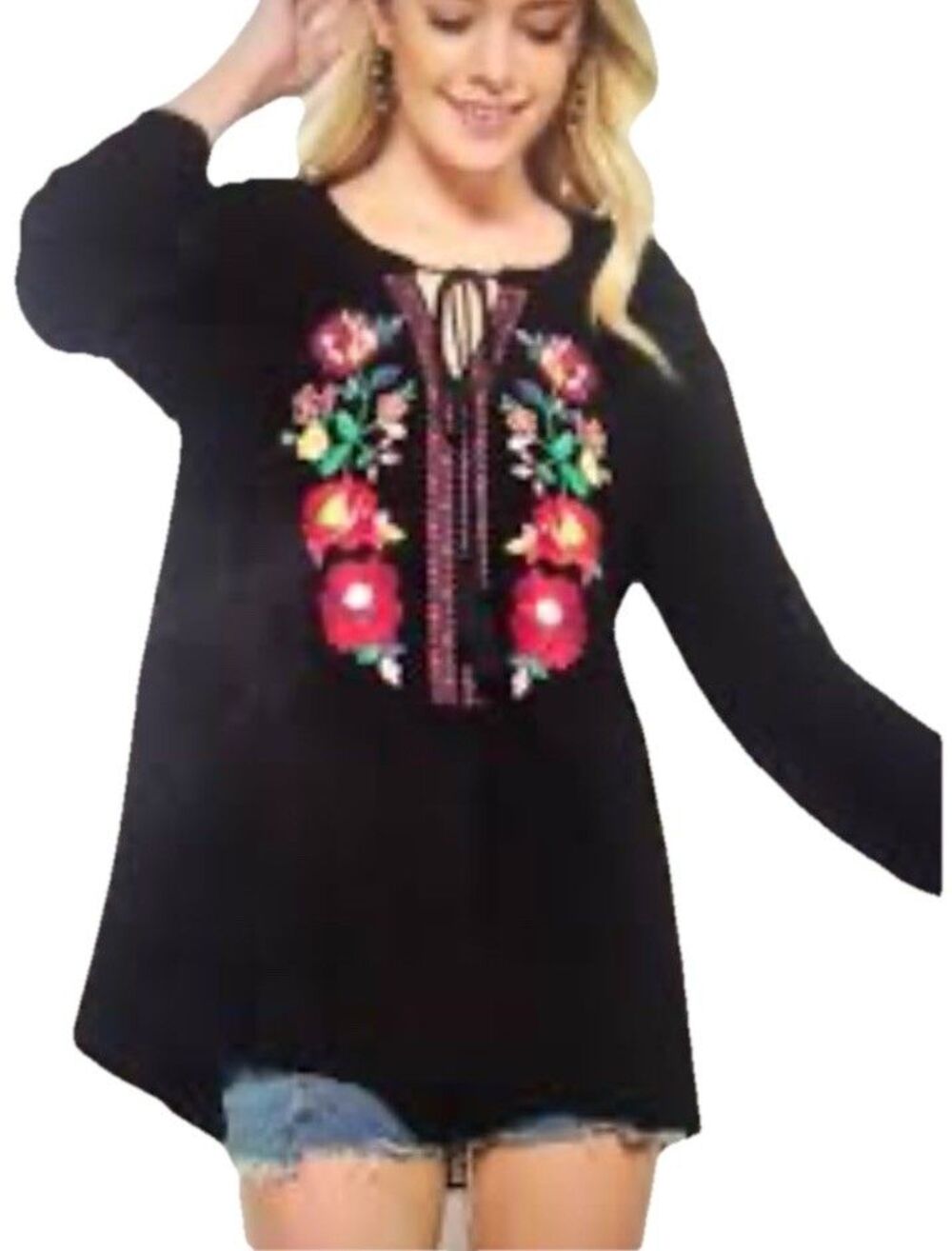 Andree By Unit Women's S Black Floral Embroidered Boho Tunic Top